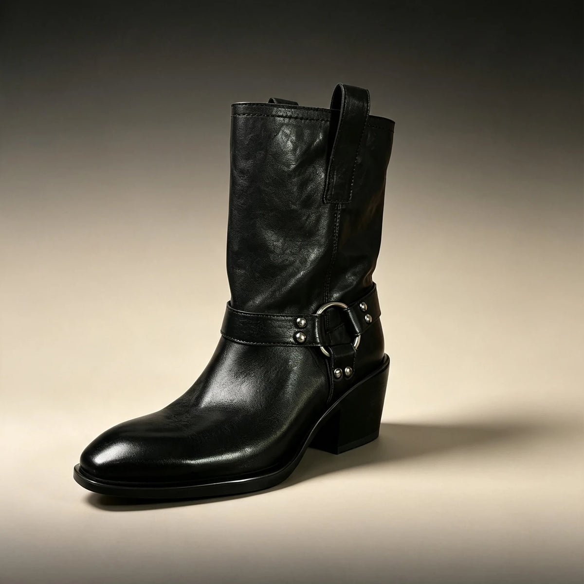 Women's Vintage Western Cowboy Mid Calf Boots Metal Harness Ring Buckle Square Toe Chunky Block Heel for Festival Riding Wear