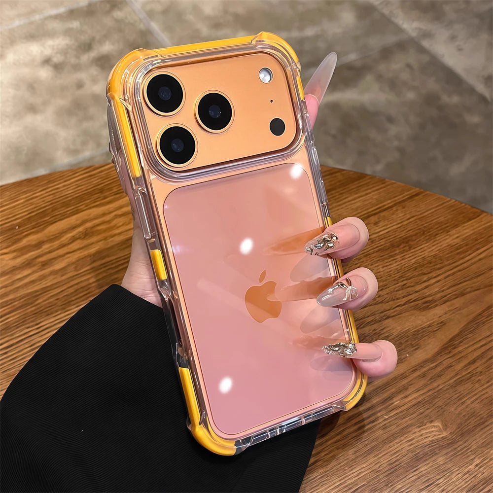 For iPhone 17 Air 16 15 14 Pro Max Transparent Clear Ultra Thin Acrylic Armor Case Four Corner Shockproof TPU Orange Back Cover