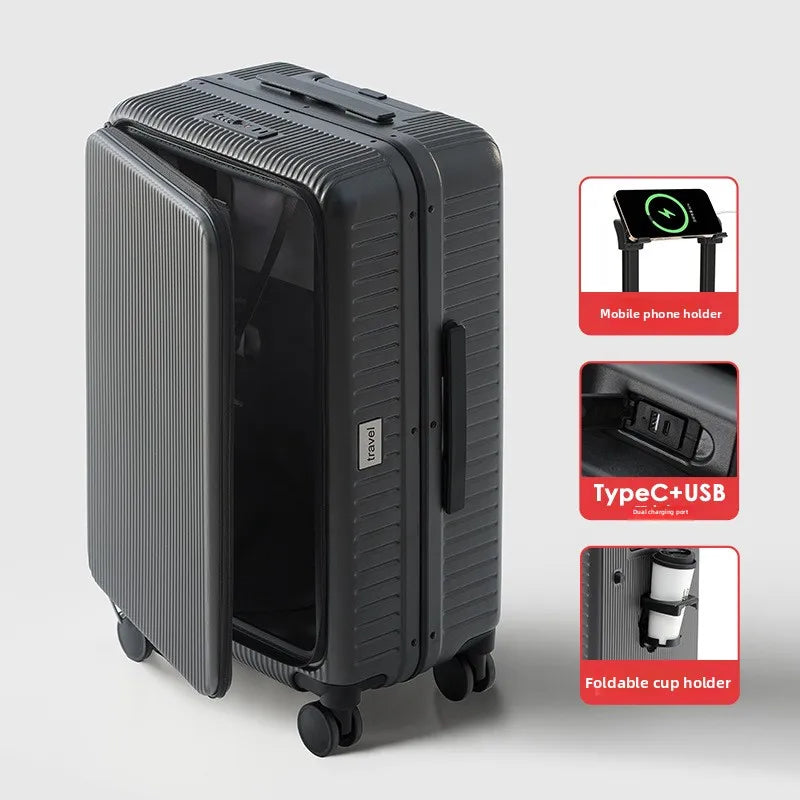 KLQDZMS 20"24 Inch Rolling Suitcase Front Opening Boarding Case Laptop Trolley Case Charging Password Box Cabin Luggage
