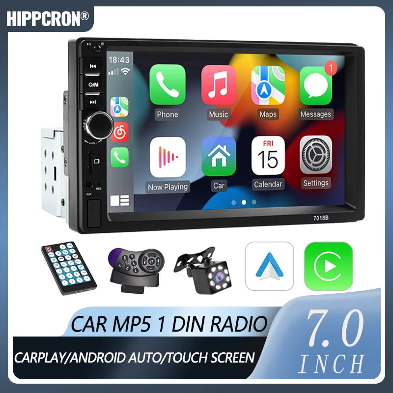 Hippcron 7“ 1 Din Car Radio Carplay Android Auto Multimedia Player HD Touch Screen Bluetooth MirrorLink Autoradio FM AUX Input