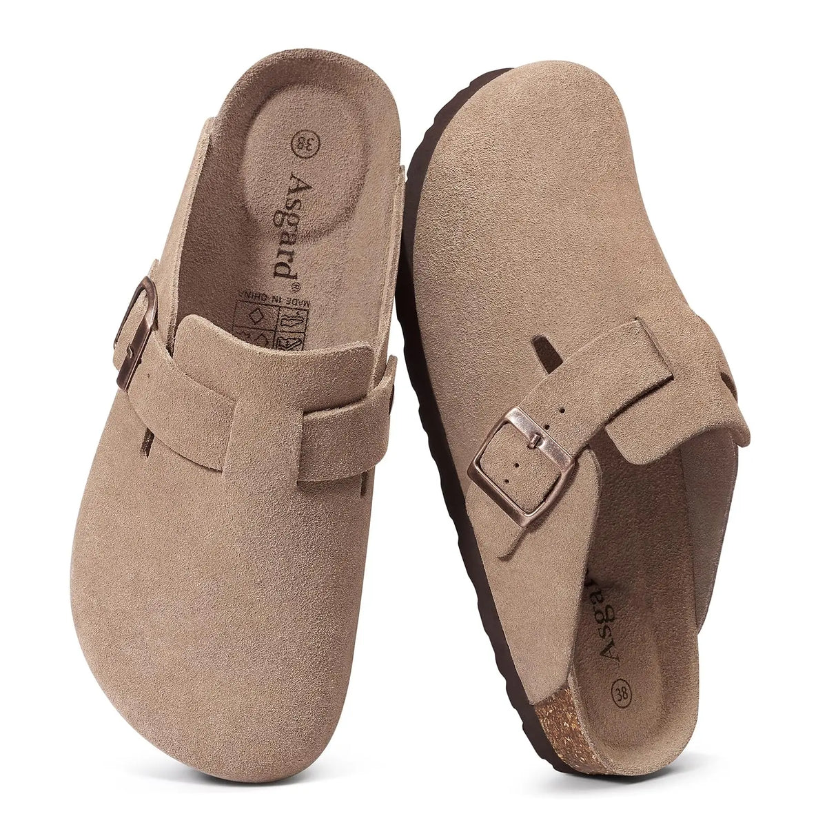 Asgard Women Suede Clogs Genuine Leather Mules Adjustable Buckle with Comfort Cork Footbed and Arch Support Aldult Potato Shoes