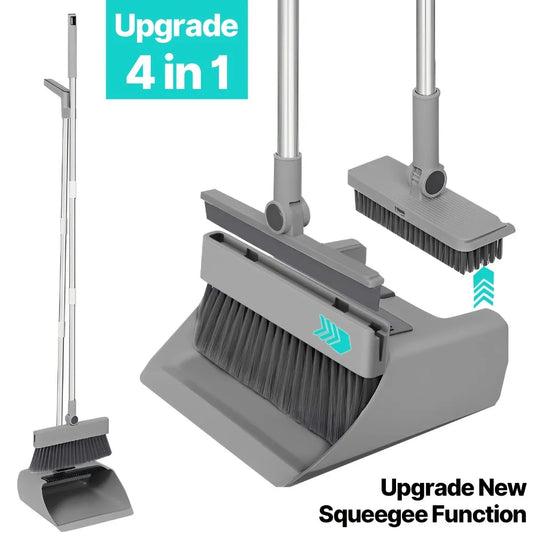 2026 Hot 4 in 1 Broom Dustpan Set Long Handle Thick Broom with Stand Up Dustpan for Home Indoor No Sticky Hair Cleaning