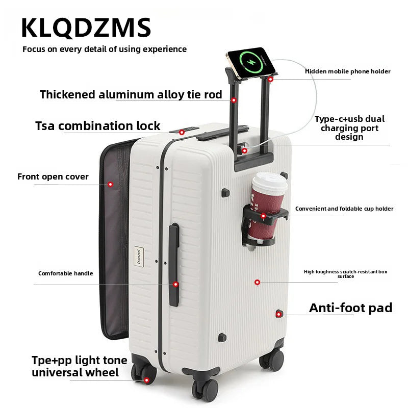 KLQDZMS 20"24 Inch Rolling Suitcase Front Opening Boarding Case Laptop Trolley Case Charging Password Box Cabin Luggage