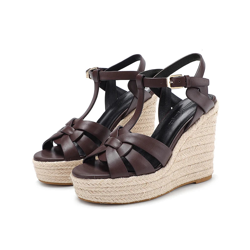 Women's Wedge-Shaped High Heels, Genuine Leather Sandals,Roman Fashion Open-Toe Evening Dress Shoes, Ball Summer Women's Sandals