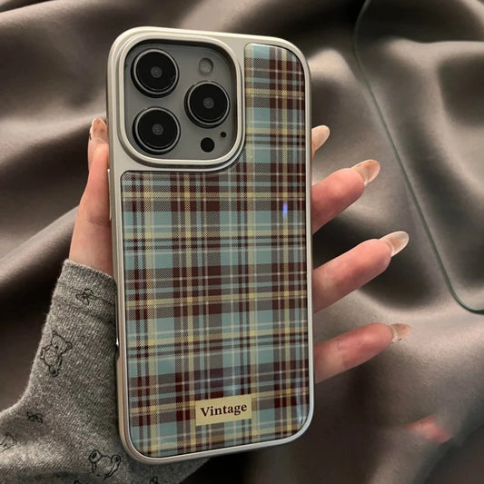 INS Simple Pink Grid Electroplated Drop Glue Soft Phone Case For iPhone 15 14 16 13 12 11 17 Pro Max 16 15 14 13 Pro 17Air Cover