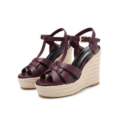 Women's Wedge-Shaped High Heels, Genuine Leather Sandals,Roman Fashion Open-Toe Evening Dress Shoes, Ball Summer Women's Sandals