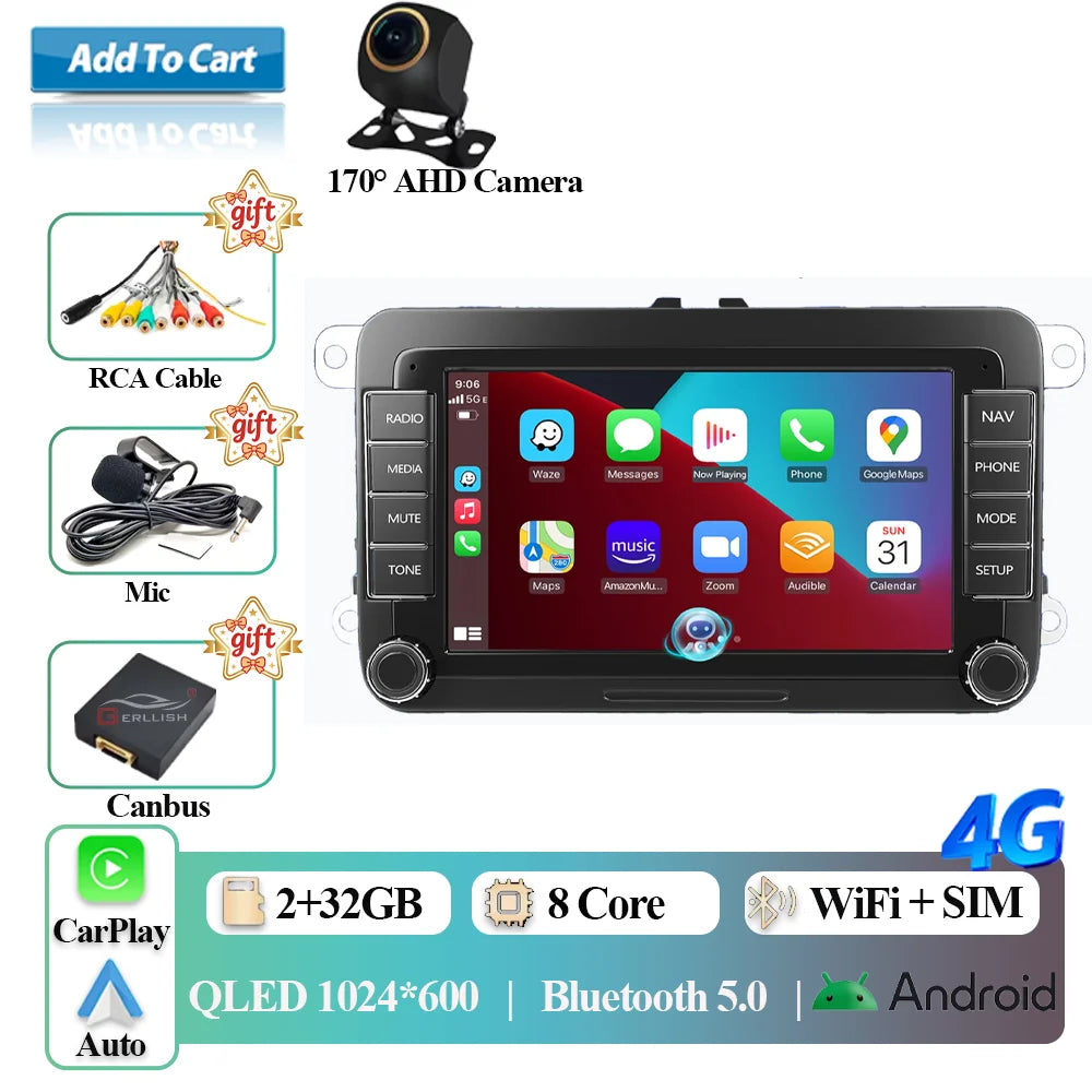 2DIN Android 15 Car Radio for VW Volkswagen Seat Skoda Passat Golf Polo with CarPlay Android Auto Stereo Audio System 7" Display
