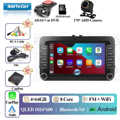 2DIN Android 15 Car Radio for VW Volkswagen Seat Skoda Passat Golf Polo with CarPlay Android Auto Stereo Audio System 7" Display
