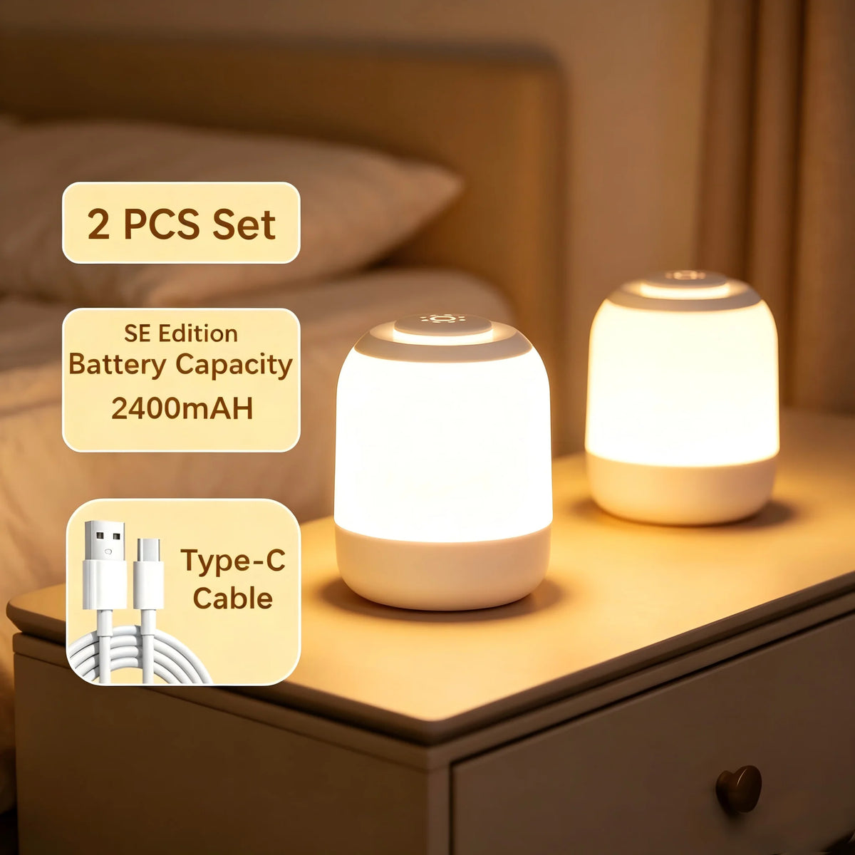 Rechargeable Touch LED Night Light, 3 Color Stepless Dimmable Bedside Lamp, Portable Table Lamp for Bedroom Nursery