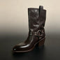 Women's Vintage Western Cowboy Mid Calf Boots Metal Harness Ring Buckle Square Toe Chunky Block Heel for Festival Riding Wear