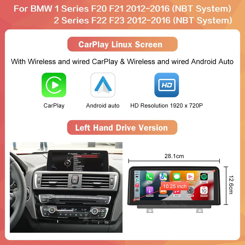 1920*720 Wireless Carplay Multimedia Screen Android Auto For BMW 1 2 3 4 Series F20 F21 F22 F23 F45 F30 F31 F33 F36 NBT System