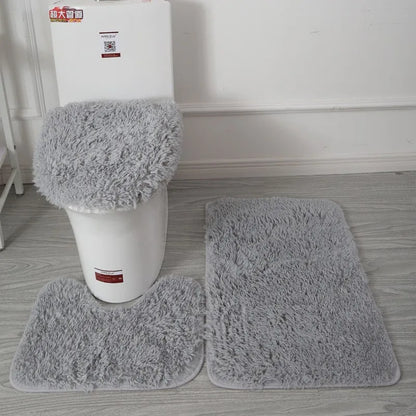 3pc Bathroom Set Rug Mat Toilet Lid Cover Plain Solid Color Bathmats Rugs Kit Non-Slip Fluffy Home Carpets For Bathroom