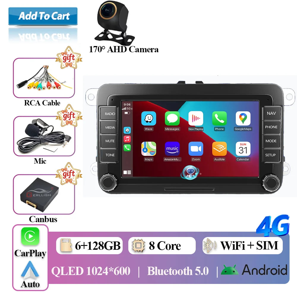 2DIN Android 15 Car Radio for VW Volkswagen Seat Skoda Passat Golf Polo with CarPlay Android Auto Stereo Audio System 7" Display