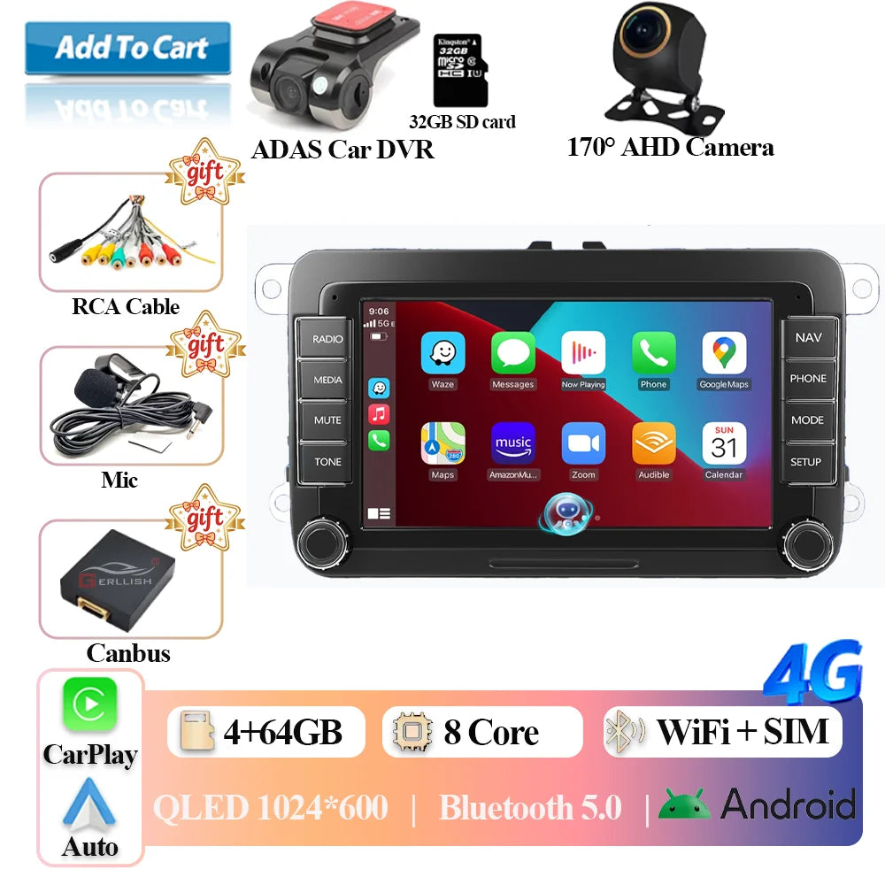 2DIN Android 15 Car Radio for VW Volkswagen Seat Skoda Passat Golf Polo with CarPlay Android Auto Stereo Audio System 7" Display