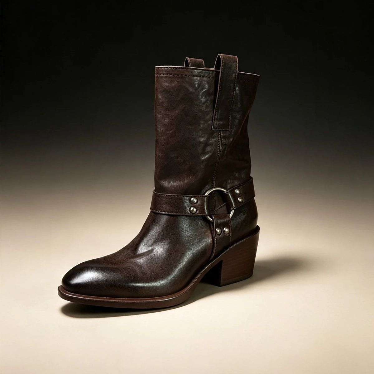 Women's Vintage Western Cowboy Mid Calf Boots Metal Harness Ring Buckle Square Toe Chunky Block Heel for Festival Riding Wear