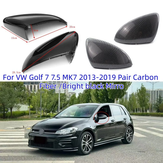 For VW Golf 7 7.5 MK7 2013-2019 Pair Carbon Fiber /Bright Black Mirror Cover Rear View Side Mirror Cap