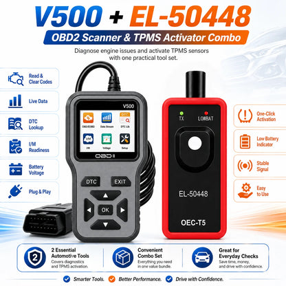 2PCS V500 OBD2 Scanner & BT172 Car Battery Tester Kit Engine Fault Code Reader Eraser Live Data Diagnostic Tool Battery Analyzer