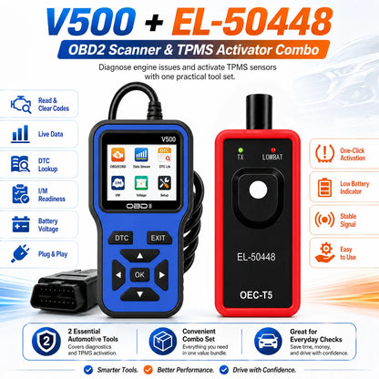 2PCS V500 OBD2 Scanner & BT172 Car Battery Tester Kit Engine Fault Code Reader Eraser Live Data Diagnostic Tool Battery Analyzer