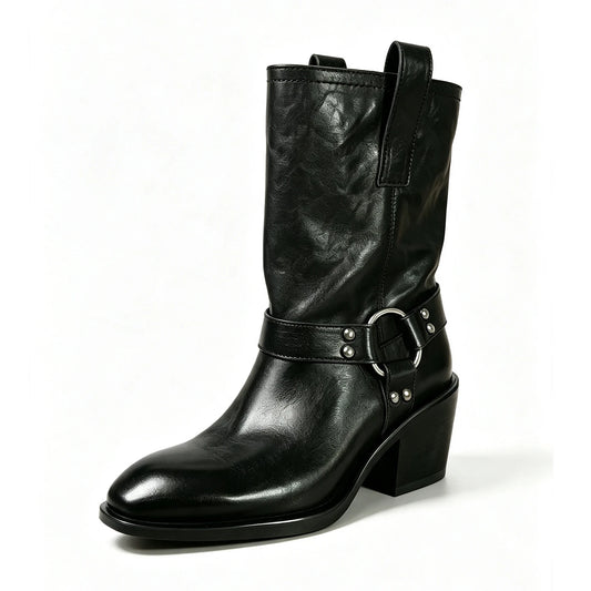 Women's Vintage Western Cowboy Mid Calf Boots Metal Harness Ring Buckle Square Toe Chunky Block Heel for Festival Riding Wear