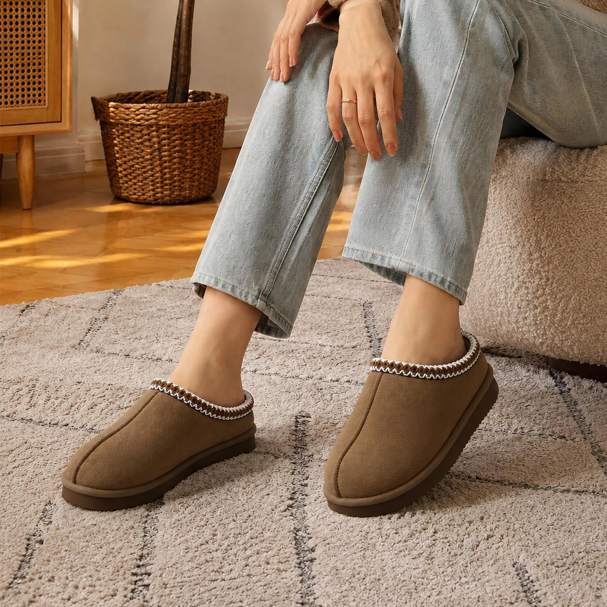 Litfun Classic Faux Suede Slippers for Women Memory Foam Fuzzy House Shoes Cozy and Warm Hard Bottom Indoor Outdoor Cotton Shoes