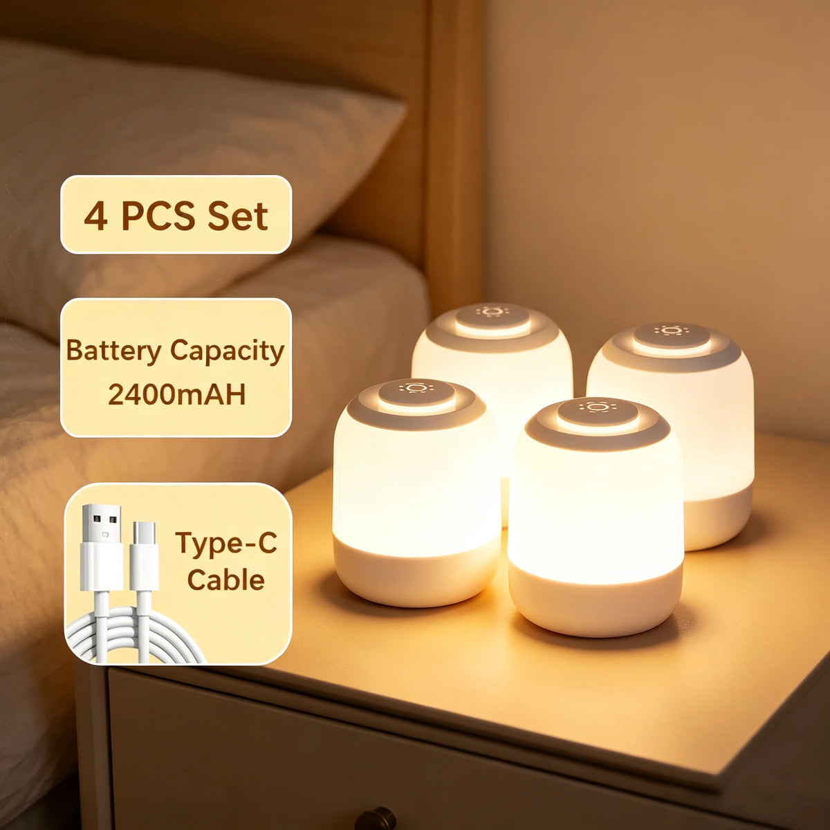 Rechargeable Touch LED Night Light, 3 Color Stepless Dimmable Bedside Lamp, Portable Table Lamp for Bedroom Nursery